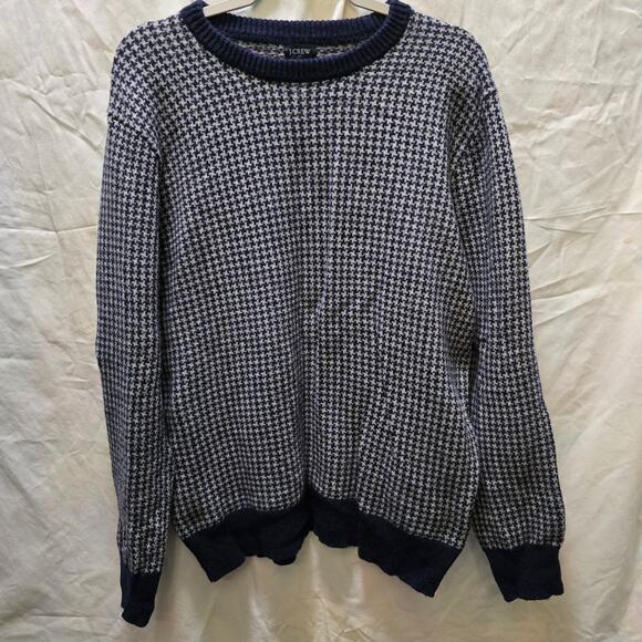J Crew blue gray houndstooth lambs wool blend knit crewneck sweater mens large - Picture 1 of 10